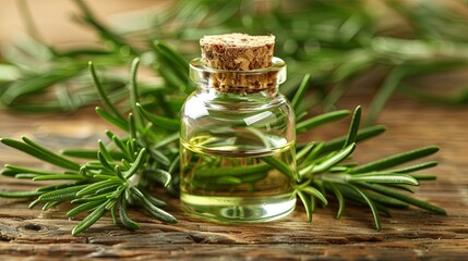 Wall Mural - Fresh rosemary essential oil in glass bottle on wooden surface
