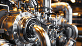 Fototapeta  - Close-up of a complex turbo machinery with metallic pipes and valves in an industrial setting.