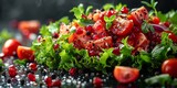 A vibrant close-up image of a freshly prepared salad with juicy tomatoes and glistening salad leaves splashed with dressing