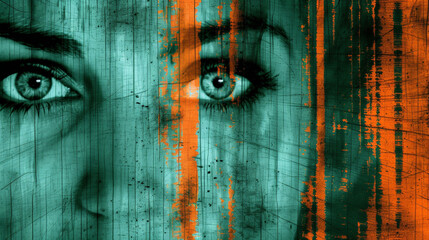 Poster - A womans face is depicted with bold blue and orange stripes painted across her skin. The contrasting colors create a striking visual effect, emphasizing her features in a unique way