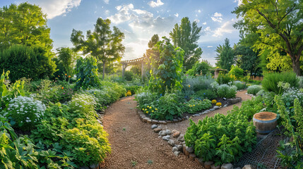 Leinwandbilder - A garden with a winding path leading through lush greenery, with tall trees in the background providing shade and structure to the landscape