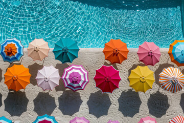 Poster - Multiple bright umbrellas are neatly lined up alongside a swimming pool, adding a vibrant touch to the poolside environment