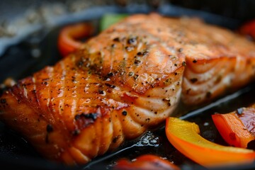 Sticker - Closeup of a juicy grilled salmon fillet seasoned with black pepper, served with colorful bell peppers