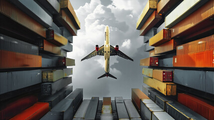 Canvas Print - A commercial airplane flies directly overhead amidst towering stacks of colorful cargo containers under a cloudy sky, emphasizing global trade and logistics.