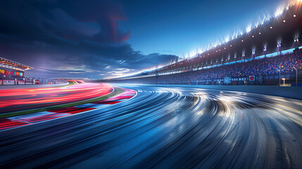 Canvas Print - Dramatic Night Scene at Race Track with Spectators Under Sports Lights