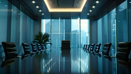 Poster - A spacious conference room featuring a long table surrounded by chairs, suitable for meetings and discussions in a professional setting.