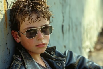 Canvas Print - Stylish preteen boy posing with a serious expression, wearing a leather jacket and sunglasses