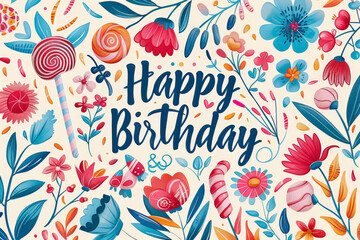 Aufkleber - A birthday card adorned with bright, colorful flowers and lollipops, creating a festive and cheerful design