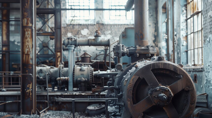 Wall Mural - An interior view of an abandoned industrial facility with rusted machinery and peeling paint. The equipment is old, showcasing a strong sense of decay and abandonment.