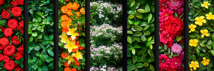 Aufkleber - A colorful flower arrangement is placed in front of a wall covered in green leaves