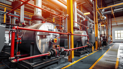 Wall Mural - Factory interior featuring industrial machinery with large metal tanks, pipelines, and gauges for processing operations. The setting is brightly lit with a clean, organized layout.