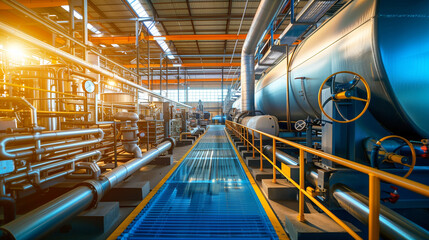 Wall Mural - Interior of a modern industrial facility with metallic pipes, large machinery, and a blue walkway. The scene showcases advanced engineering and industrial technology.