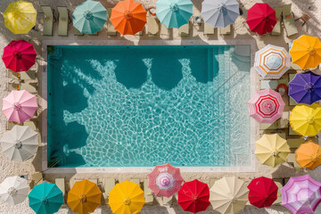 Poster - A pool surrounded by vibrant umbrellas, creating a colorful scene from above