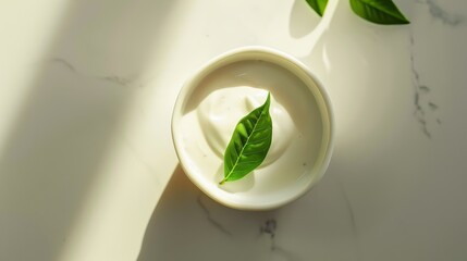 Cream with a green leaf in a white bowl for skincare or food branding