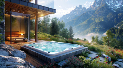 Aufkleber - A hot tub nestled in the mountains offering a stunning panoramic view of the surrounding peaks. Steam rises from the tub as someone relaxes and enjoys the picturesque scenery