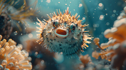 Close Up of a Pufferfish Inflating: A Fascinating Display of Nature s Intricate Patterns and Defense Mechanism