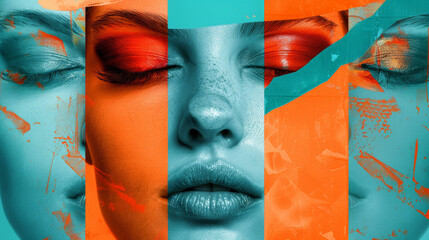 Fototapete - A close-up portrait of a woman's face, with her eyes closed. The image is styled with bright orange and blue paint splatters