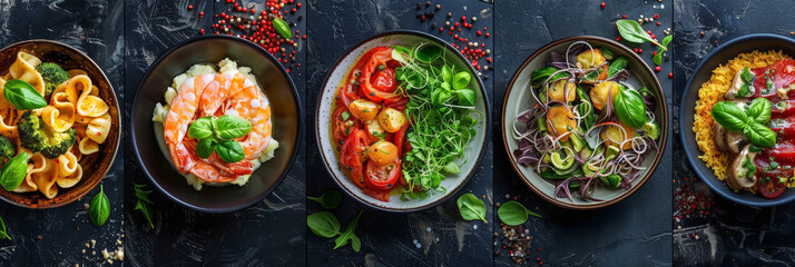 Poster - Five different dishes, including shrimp pasta, tomato salad, cucumber salad, and a rice bowl, are arranged in black bowls on a dark, textured surface