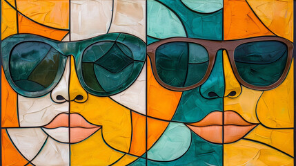 Poster - Two women with sunglasses are depicted in a stained glass artwork, their faces adorned with colorful pieces of glass. The womens stylish sunglasses stand out against the vibrant background