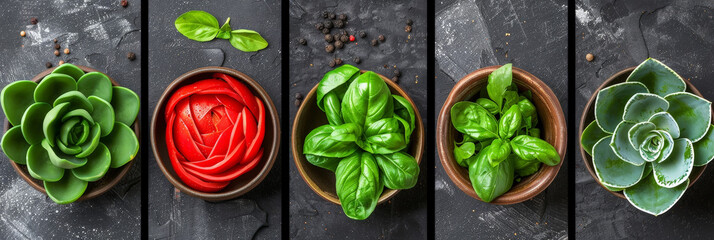 Poster - Various types of herbs, including basil, rosemary, thyme, and parsley, are displayed in bowls on a dark background. The herbs provide a visually appealing contrast against the dark backdrop