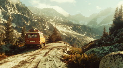 Poster - A red camper van travels on a scenic mountain road, surrounded by rocky terrain and pine trees, against a backdrop of towering snow-capped mountains under a clear sky.