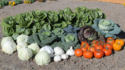 Poster - A variety of fresh vegetables are meticulously arranged in neat rows in a well-tended garden. The vibrant colors of carrots, tomatoes, peppers, and other produce create a visually appealing display