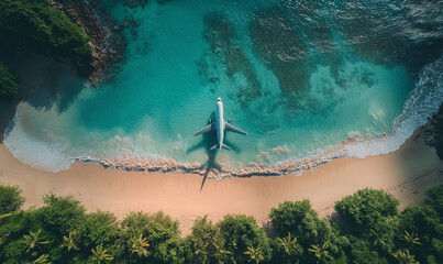 Wall Mural - Private jet flying over tropical island.