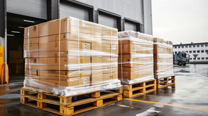 Canvas Print - Large stacks of cardboard boxes wrapped in plastic on wooden pallets outside a warehouse, indicating logistics and distribution operations.