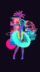 Sticker - Contemporary art collage. Young lady in swimwear posing with vibrant lifebuoy against black background. Concept of summer vibe, party, Friday mood, music and dance. Abstract neon elements.