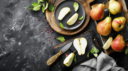 Wall Mural - Image of sliced pears on black and wooden cutting boards, surrounded by whole pears, green leaves, and scattered red peppercorns on a dark, textured surface.