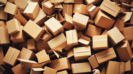 Sticker - Pile of various sized cardboard boxes creating a chaotic yet organized scene, ideal for concepts related to shipping, logistics, or moving.