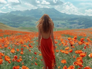 A woman in a summer dress runs through a field of poppies, laughing.