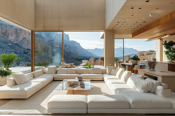 Sticker - A living room with expansive windows offering views of majestic mountains in the distance