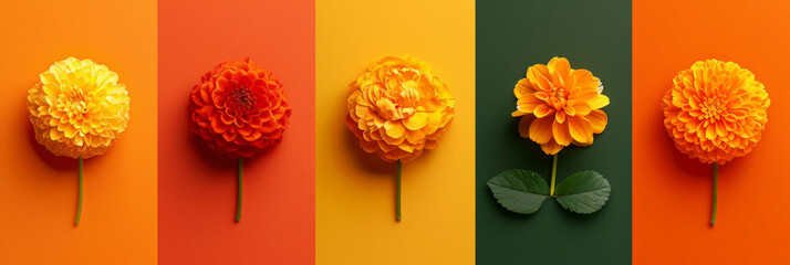 Poster - A neat row of marigold orange and yellow flowers stands out against a lush green background. The flowers are in full bloom, adding a pop of color to the scene
