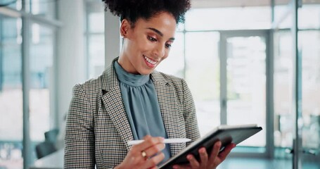 Fototapete - Business woman, tablet and pen for online sketch, drawing and planning on software or app at creative agency. Person, worker or graphic designer scroll for digital technology art, website or project