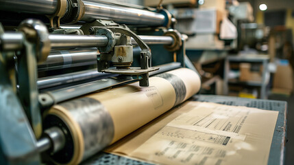 Wall Mural - Image of a printing press machine actively printing on a large sheet of paper in an industrial setting. The machinery and paper detail indicate commercial printing processes.