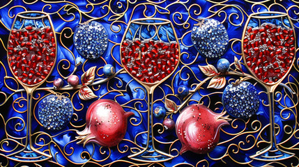 Aufkleber - A painting depicting wine glasses and pomegranates set against a vibrant blue background, showcasing the rich colors and textures of the fruits and glassware