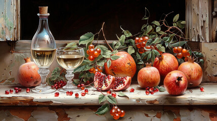 Poster - A painting depicting ripe pomegranates and a bottle of wine resting on a window sill. The vibrant red fruits contrast with the deep hues of the wine bottle against the backdrop of the window frame