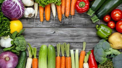 Wall Mural - A variety of fresh vegetables, including carrots, zucchini, red peppers, broccoli, and tomatoes, are arranged around a rustic wooden surface, creating a border around an empty space in the center