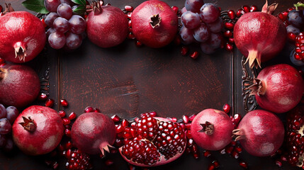 Aufkleber - A close-up view of a frame made of red pomegranates, grapes, and pomegranate seeds arranged on a wooden surface