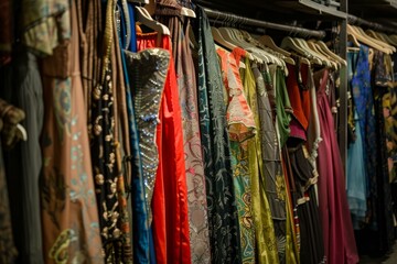 Wall Mural - Closeup of a vibrant selection of dresses hanging on a store rack, showcasing diverse patterns and fabrics