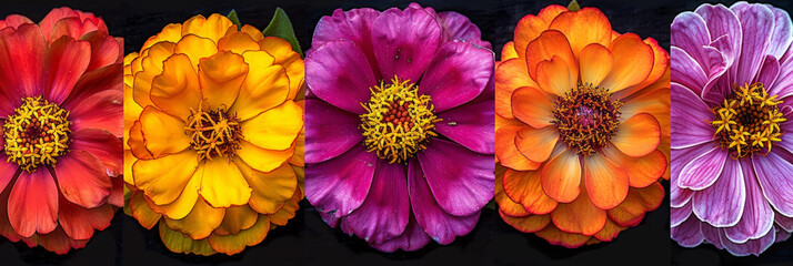 Aufkleber - Five vibrant Zinnia flowers in a variety of colors, including red, orange, yellow, purple, and pink, with dark green leaves visible behind the flowers