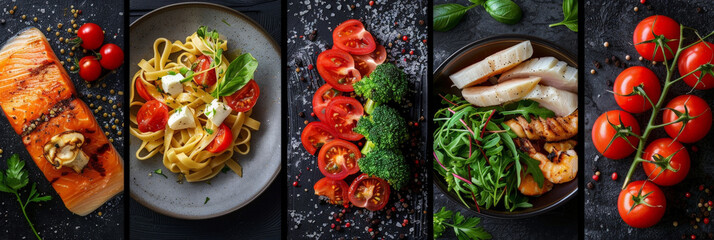 Poster - A collage of four food dishes, each with unique ingredients. Grilled salmon, pasta with tomatoes and mozzarella, chicken with greens, and sliced tomatoes and broccoli are featured