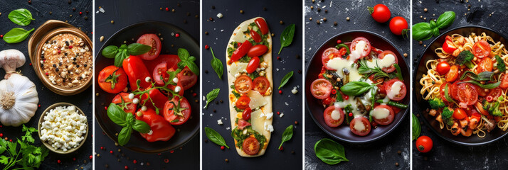 Poster - A variety of pizzas, including margherita, pepperoni, and veggie, are displayed on a black background. Each pizza is topped with melted cheese, fresh vegetables, and savory meats