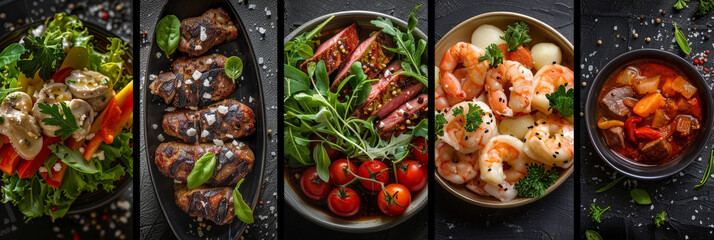 Poster - A series of plates arranged with different types of food, showcasing a variety of dishes such as salads, meats, fruits, bread, and desserts