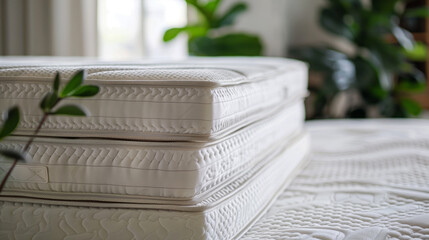 Sticker - Close-up of a modern, plush mattress stacked on another, showcasing detailed stitching and quilted design in a cozy, sunlit room with green plants.