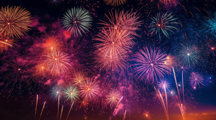 Poster - Multicolored fireworks explode against a dark sky, illuminating the night with vibrant bursts of light