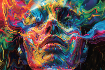 Aufkleber - A vibrant painting depicting a womans face with headphones in intricate details and a range of colors, showcasing emotions and expressions