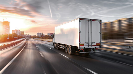 Canvas Print - A white delivery truck drives on a multi-lane highway towards an urban area during sunrise or sunset, with blurred motion effects suggesting speed.