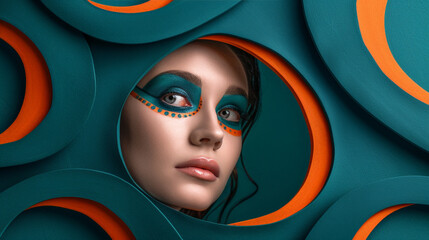 Poster - A womans face is visible through a perfectly round hole in a vibrant blue and orange background. Her features are framed by the circle, creating a striking visual contrast